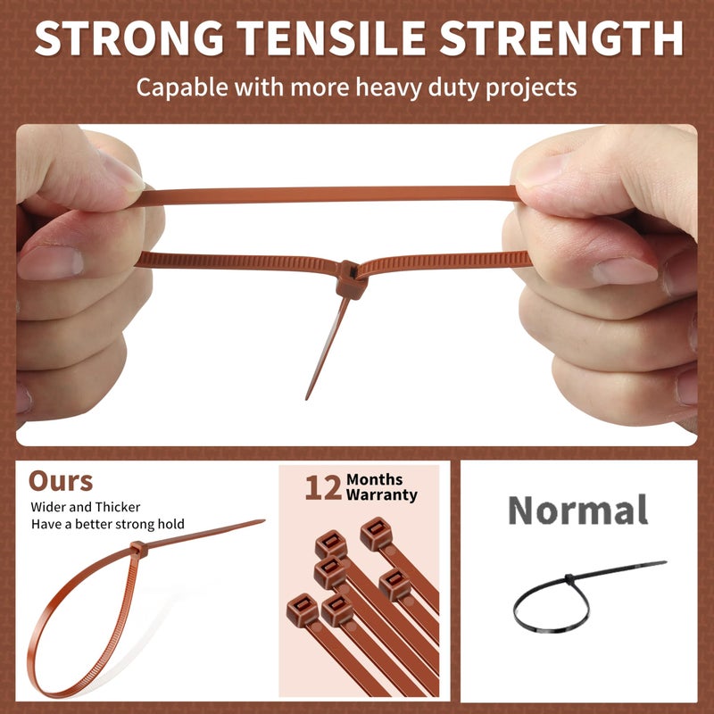 Idemeet Pa66 Cable Zip Ties, Fence Ties, 200Pcs 12+10+8+4 Inch Heavy Duty With 22-55Lb Strength, Self-Locking Nylon Wire Ties For Farming Fence Garden Trellis, Brown - Image 3
